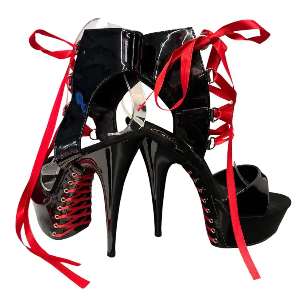 Pleaser Delight 600-14FH Black Red Corset Stiletto Heels Platform Size 8 Lace-Up